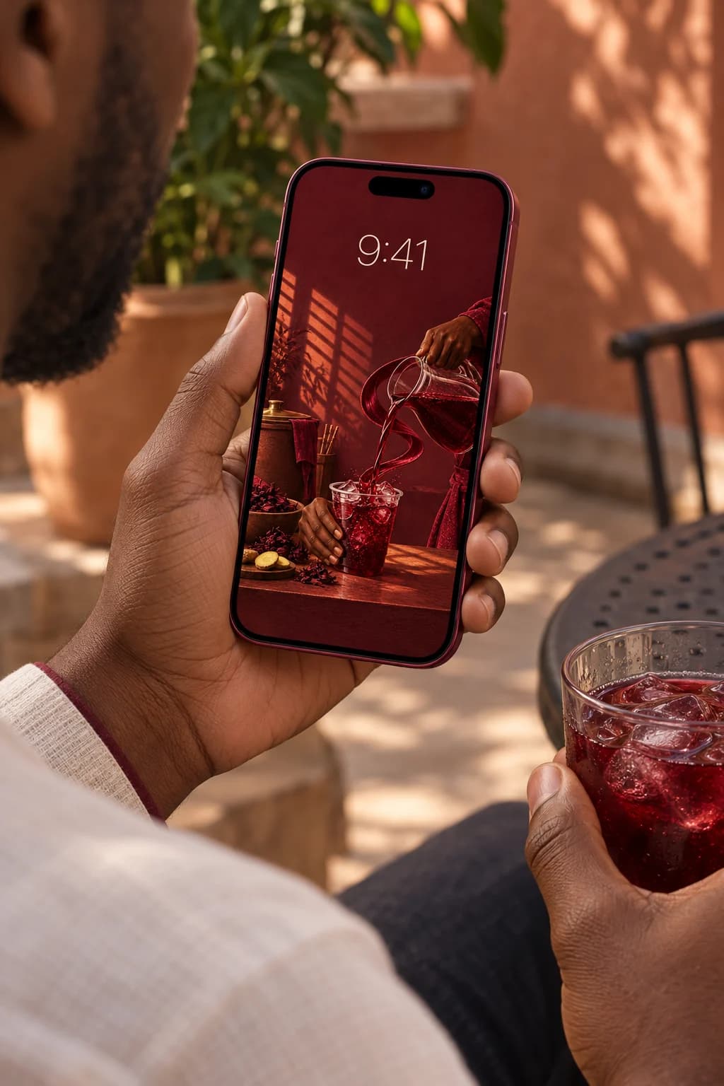 Nigerian art wallpaper from Colours of Home shown in a phone lifestyle mockup